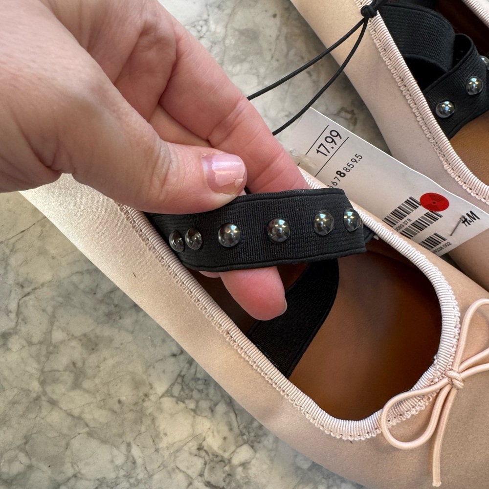 H&M Women's Blush Pink Satin Ballet Flats black pearl cross straps with Bow 39 - Picture 2 of 5